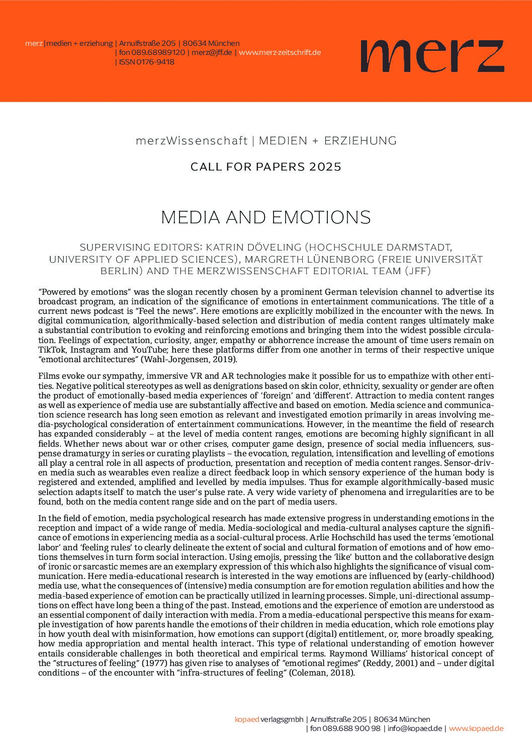 CALL FOR PAPERS 2025 MEDIA AND EMOTIONS (Döveling/Lünenborg)